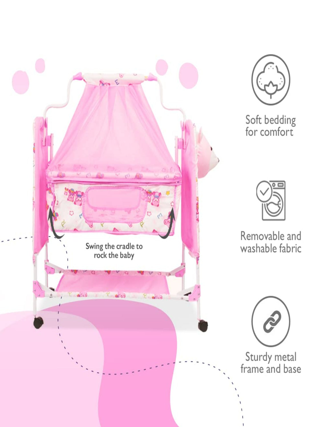 Teddy Print Cradle With Mosquito Net PINK
