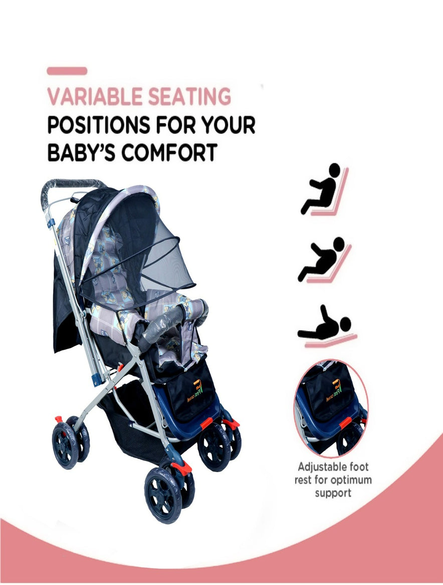 FIRSTCRAWL BABY STROLLER WITH MOSQUITO NET & REVERSIBLE HANDLE - GRAY BUNNY